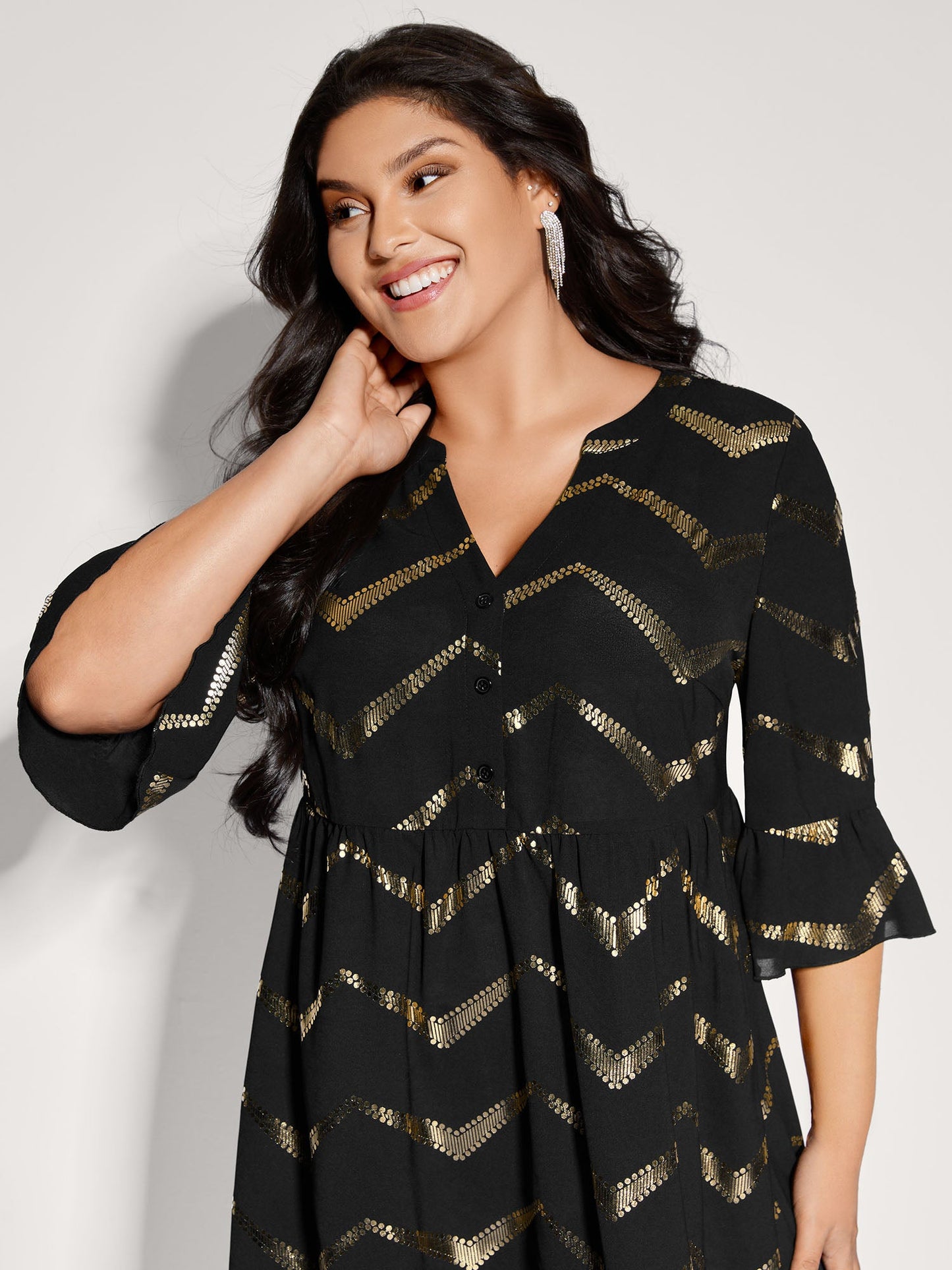 Gold Foil Wavy Knee-Length Dress