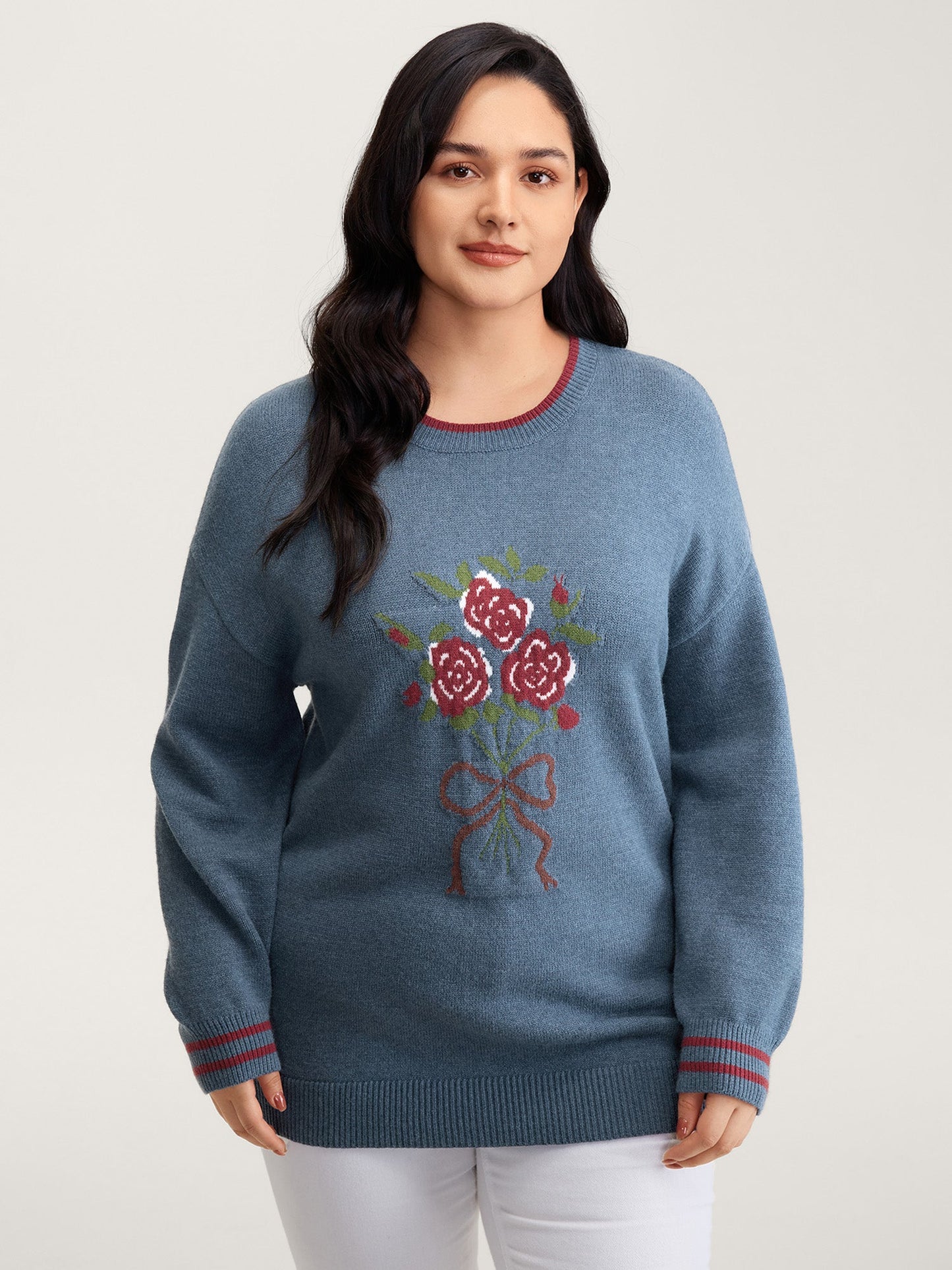 Supersoft Rosy Motif Contrast Round Neck Pullover