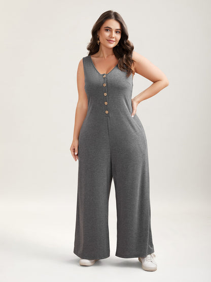 Button-Front Lightweight Wide-Leg Jumpsuit