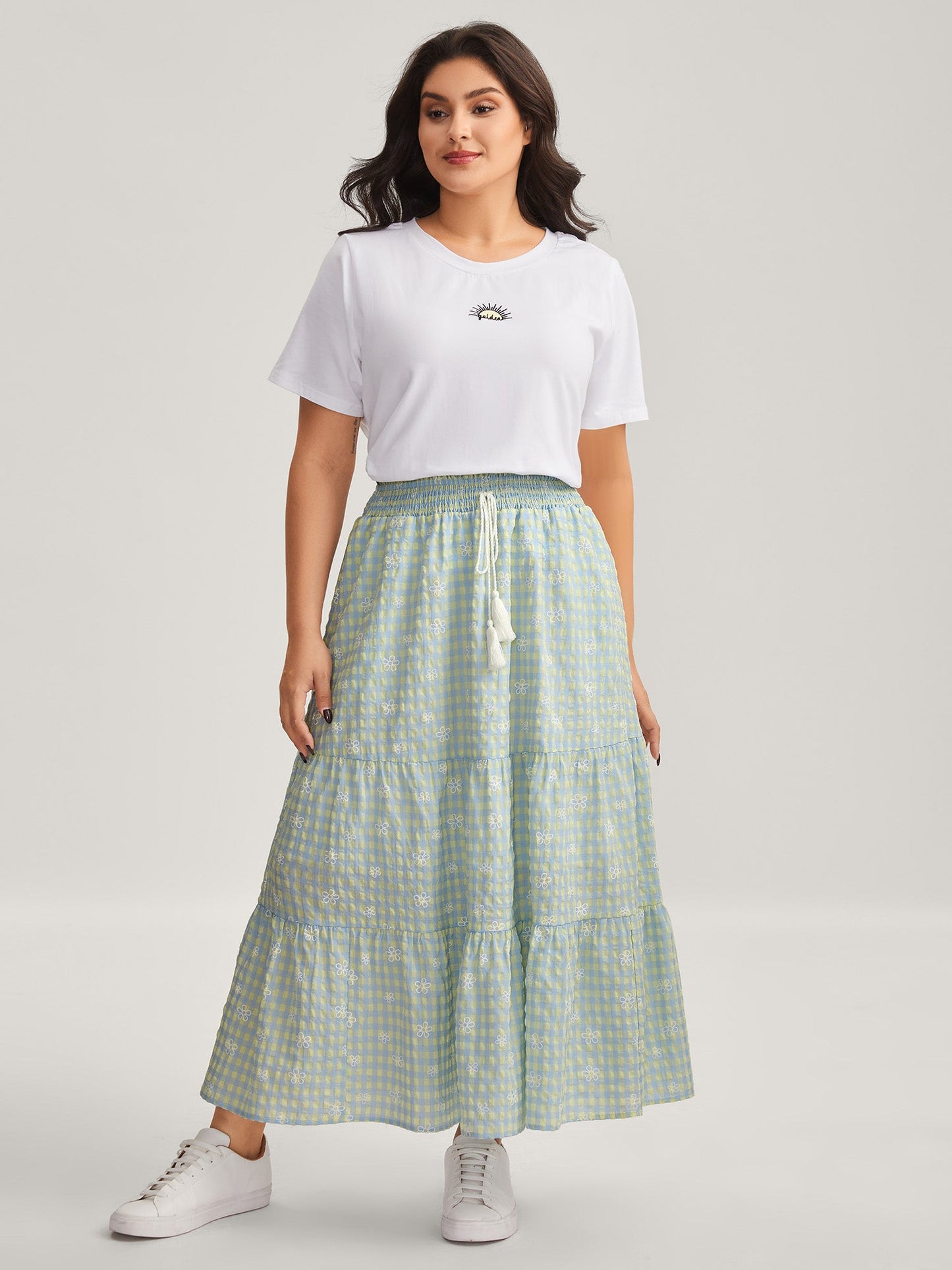 Plaid Floral Shirred Waist Maxi Skirt