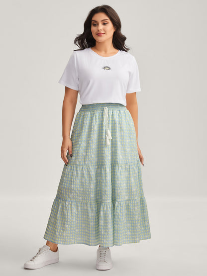 Plaid Floral Shirred Waist Maxi Skirt