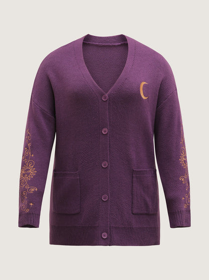 Star Embroidery Button Pockets Knit Cardigan