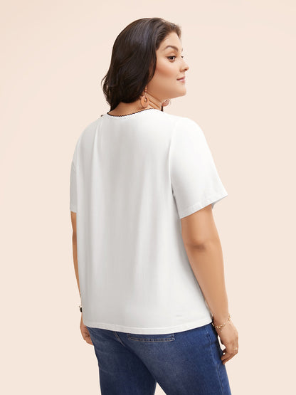 Round Neck Embroidered Shirred T-shirt