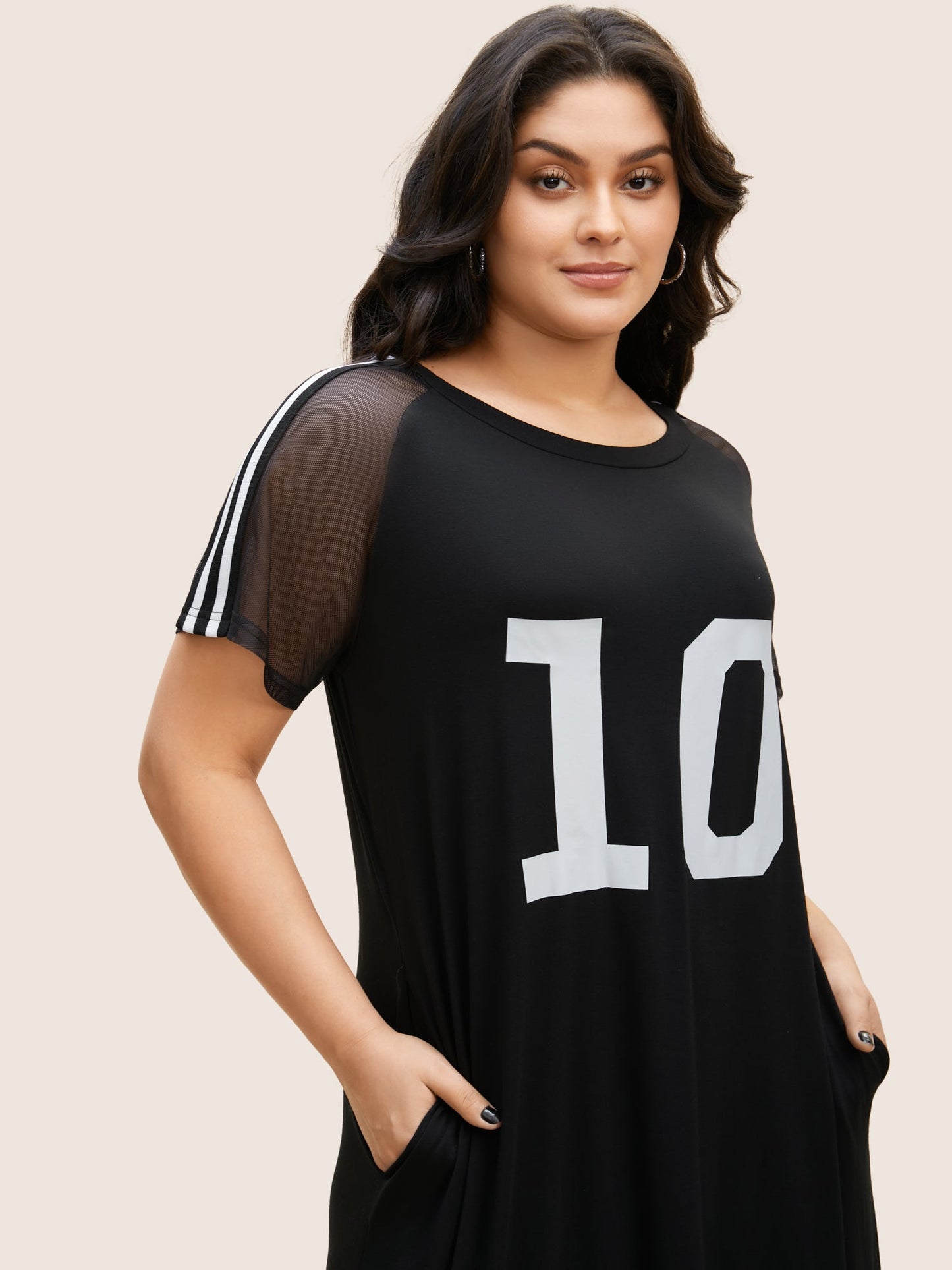 Number Print Striped Mesh Patchwork Midi Dress