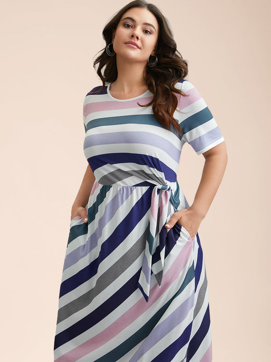 Striped Waist-Tie Half Sleeve Midi Dress