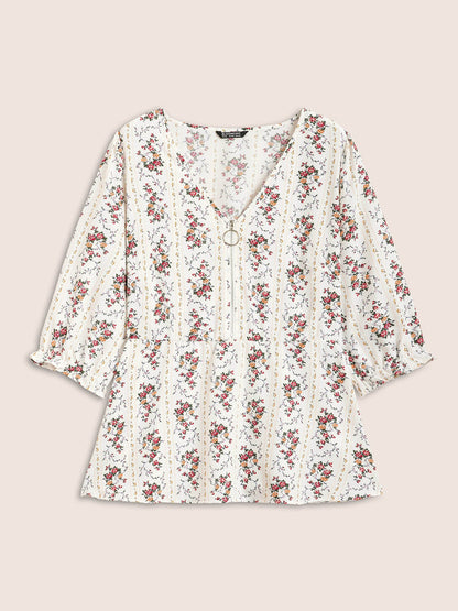 Boho Print O Ring Zipper Lantern Sleeve Blouse