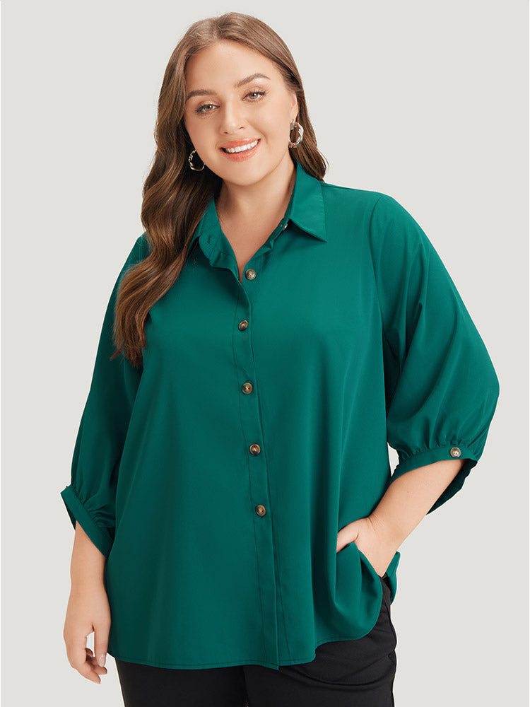 Anti-Wrinkle Solid Shirt Collar Lantern Sleeve Button Up Blouse