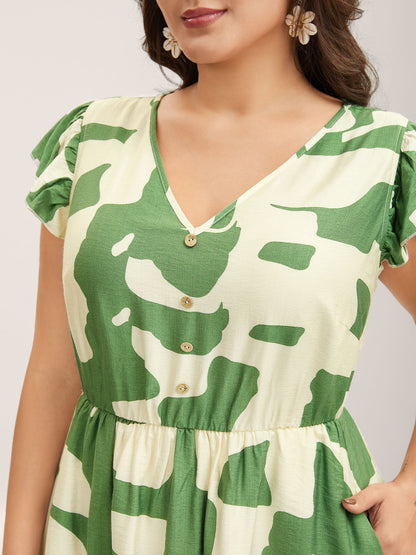 Geometric Print Cinched-Waist Button Midi Dress