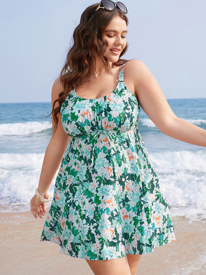 Tropical Print Tie Front Ruffles Swim Dress