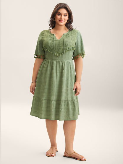 Lace Neck-Tie Pockets Tiered Midi Dress
