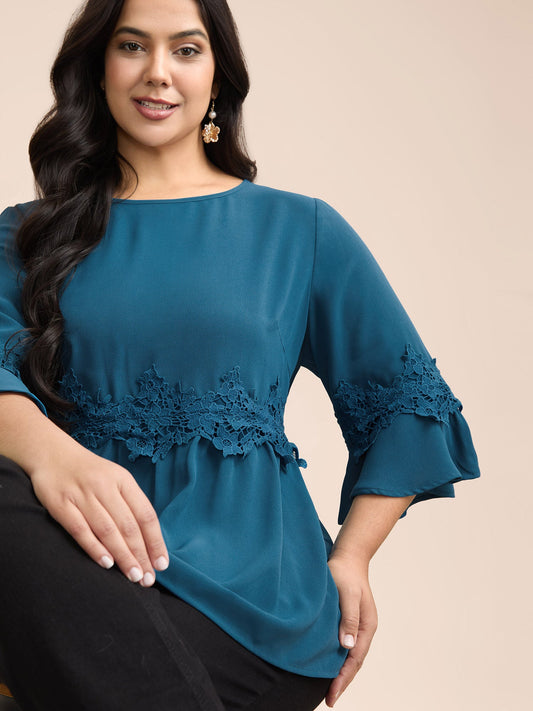 Lace Detail Ruffled Round Neck Blouse