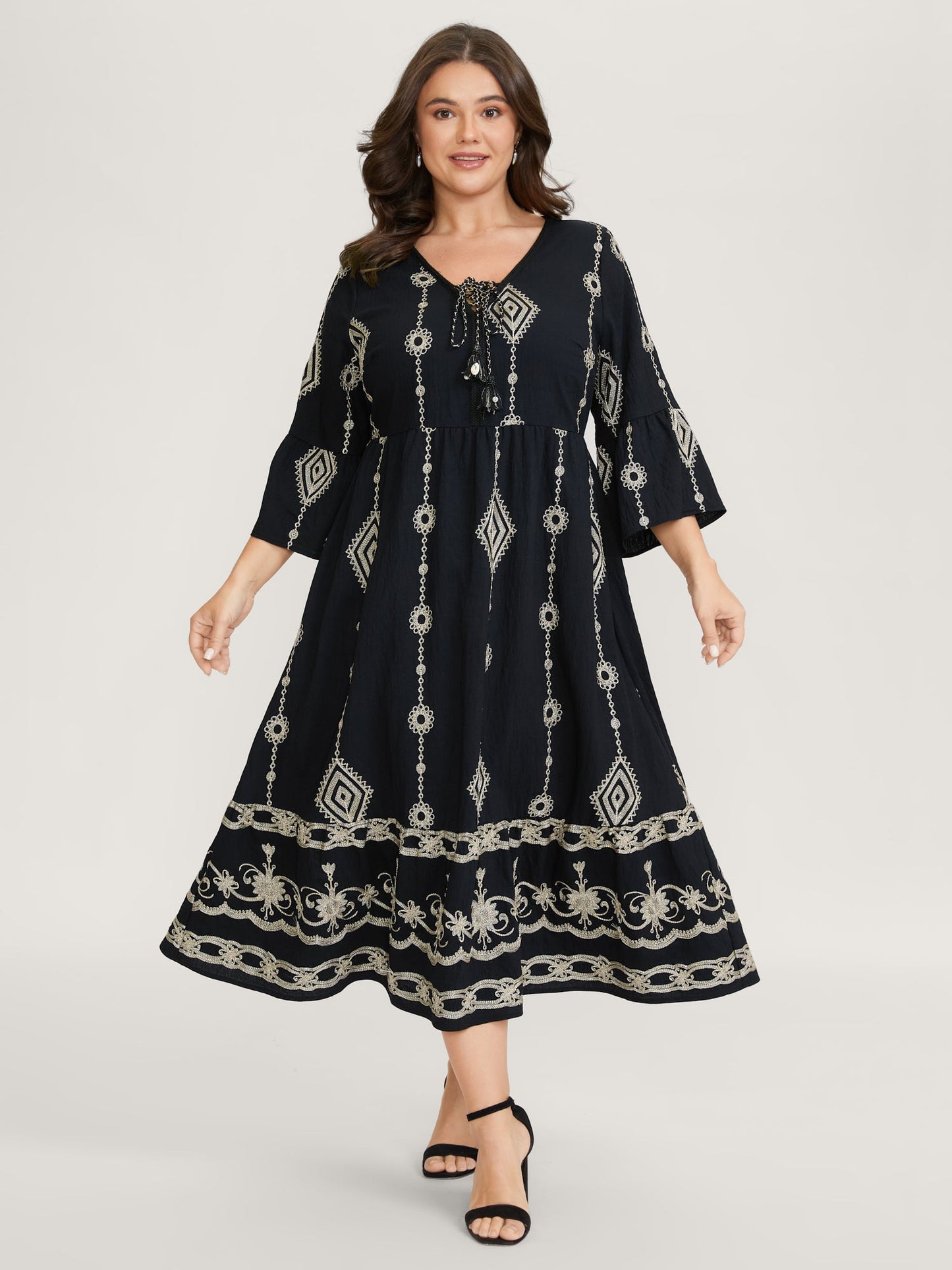 Gold Thread Embroidery Flared Sleeve Midi Dress