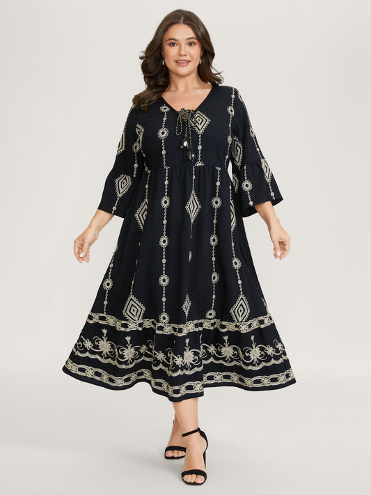 Gold Thread Embroidery Flared Sleeve Midi Dress