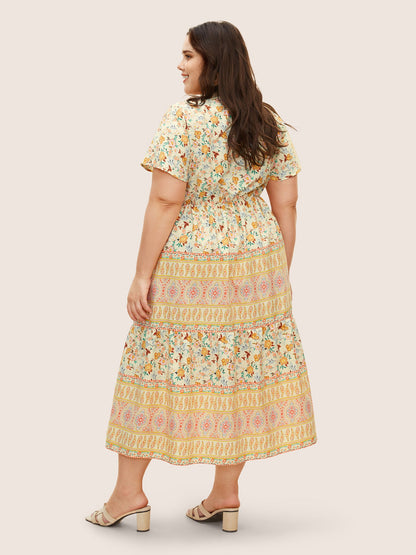 Overlap Collar Boho Print Ruffle Sleeve Dress
