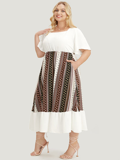 Bandana Patchwork Square Neck Pocket Ruffles Hem Dress