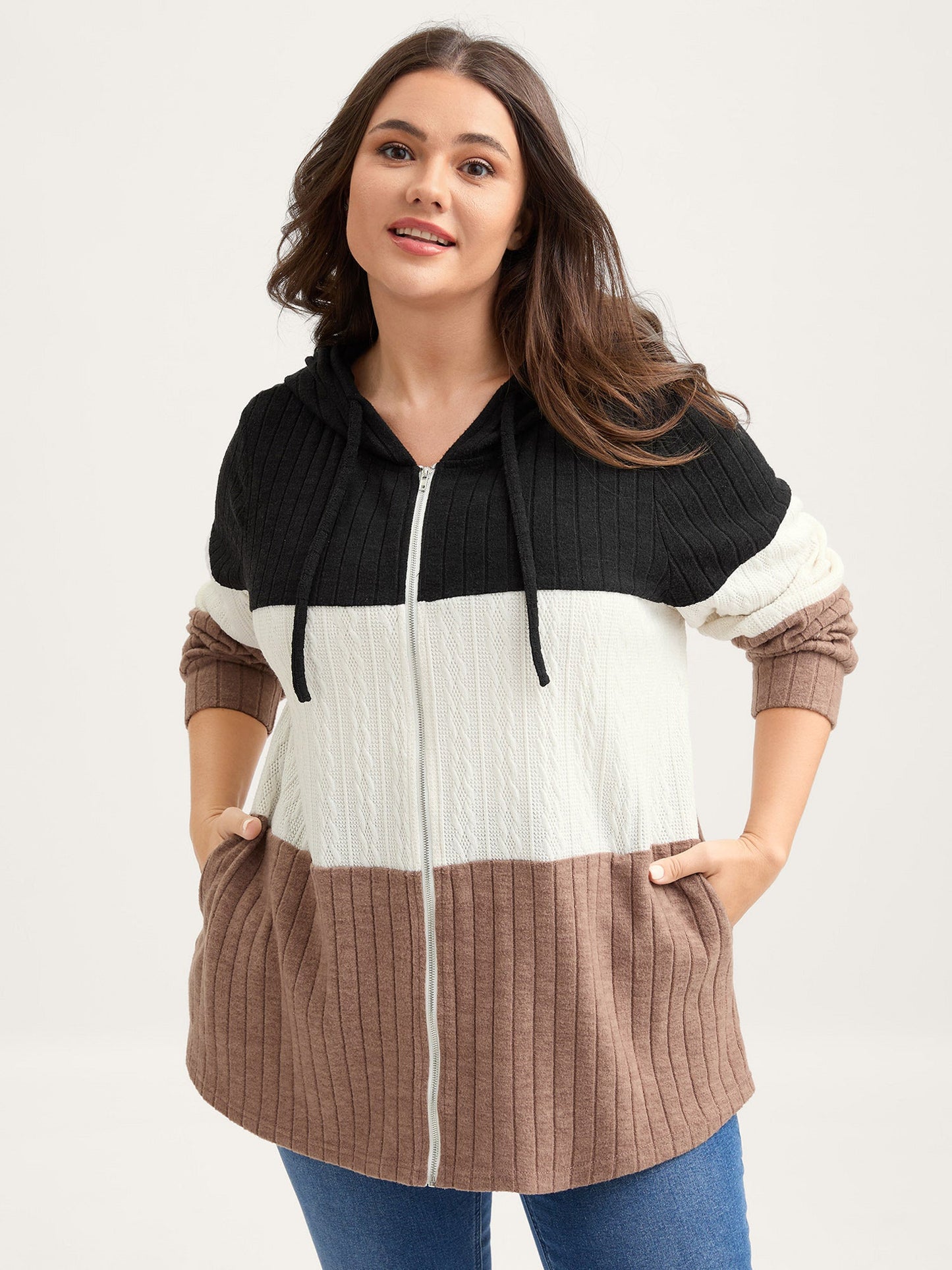Textured Color Contrast Zipper Hoodie