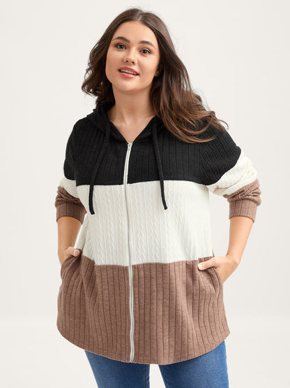 Textured Color Contrast Zipper Hoodie