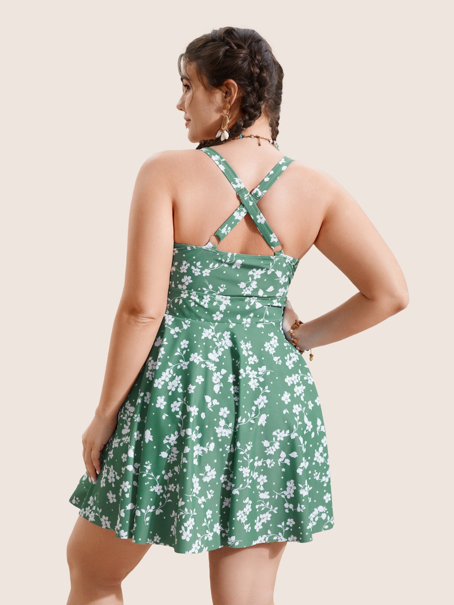 Ditsy Floral Overlap Collar Tie Knot Swim Dress