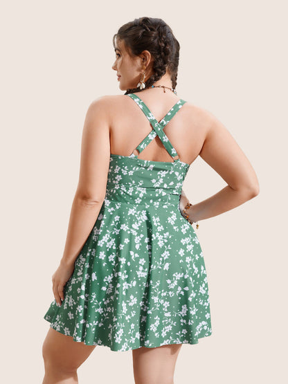 Ditsy Floral Overlap Collar Tie Knot Swim Dress