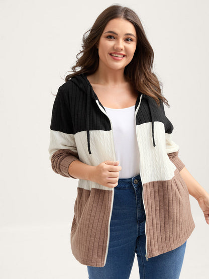 Textured Color Contrast Zipper Hoodie