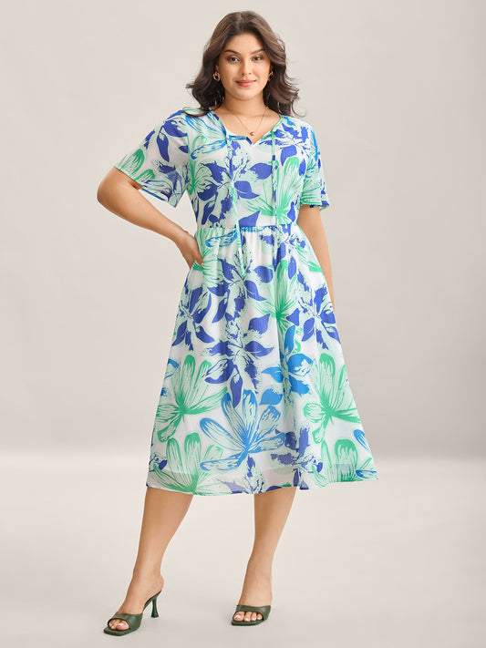 Chiffon Floral Neck Tie Lined Midi Dress