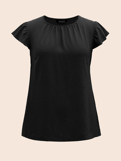 Solid Gathered Flutter Trim Blouse