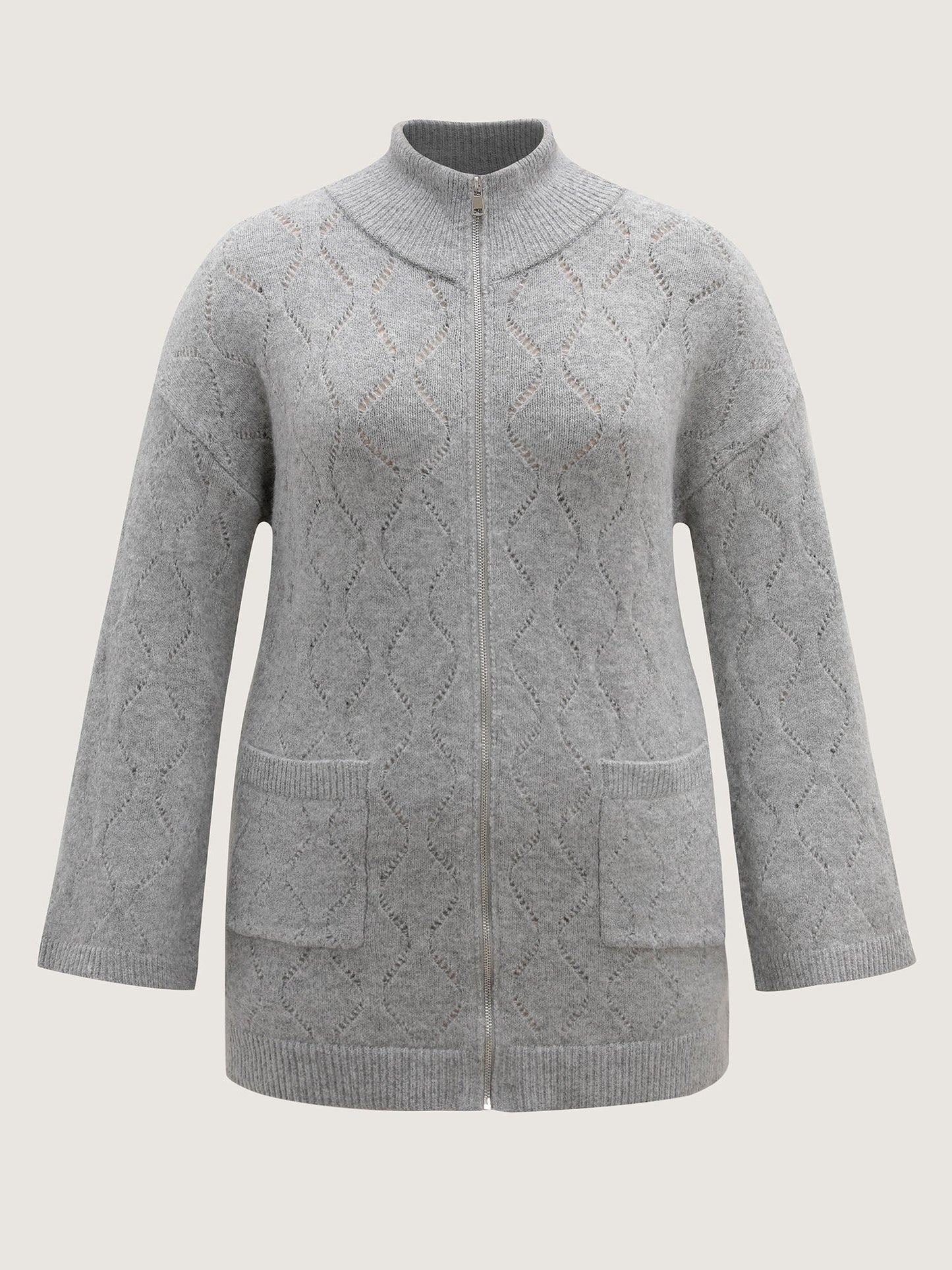 Textured Flared Sleeve Zipper Knit Cardigan
