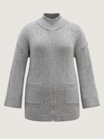 Textured Flared Sleeve Zipper Knit Cardigan
