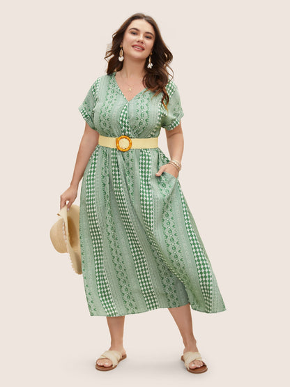 Boho Print Overlap Collar Dolman Sleeve Dress