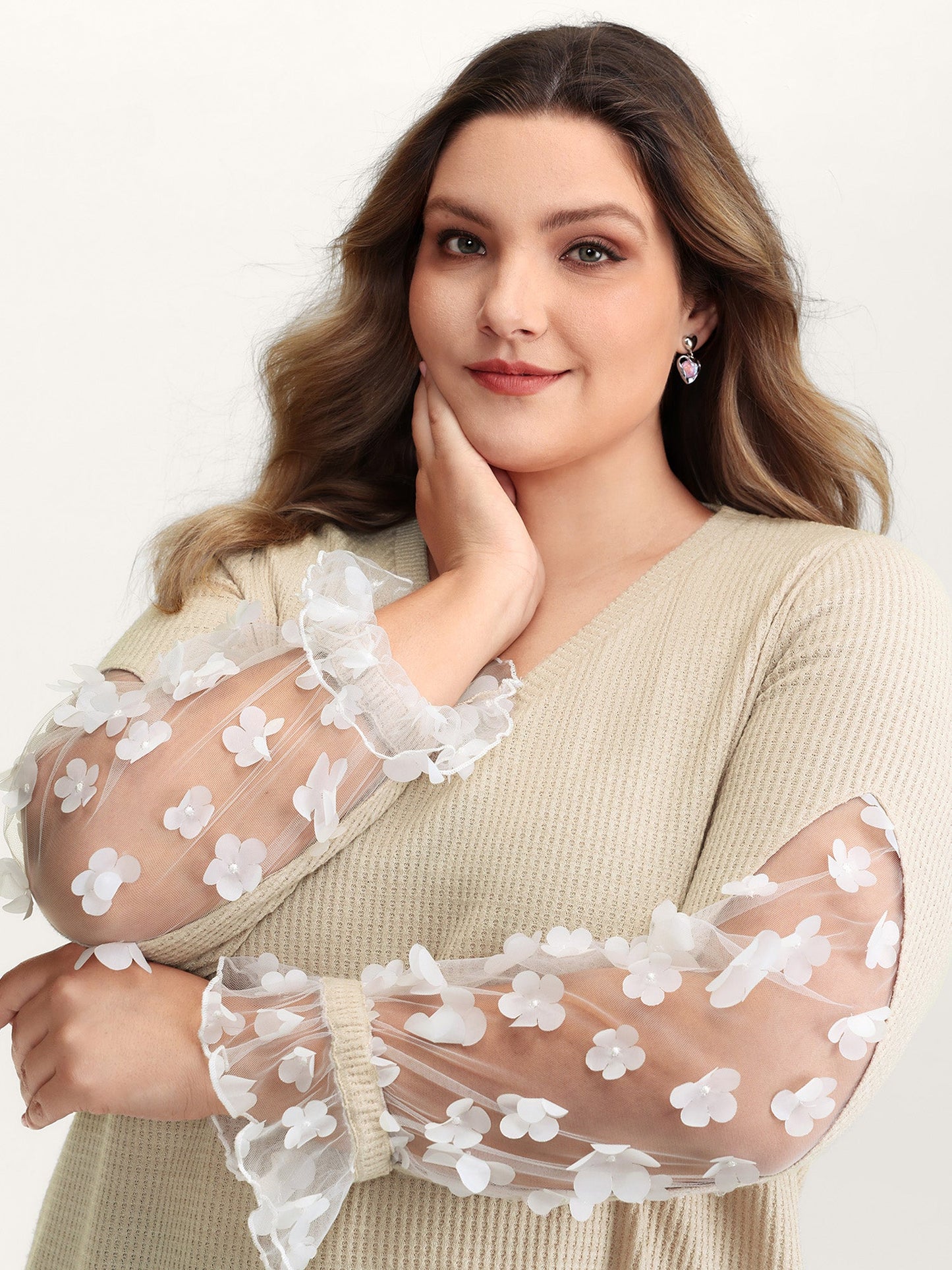 Floral Sheer Textured Sleeve V-Neck Sweatshirt