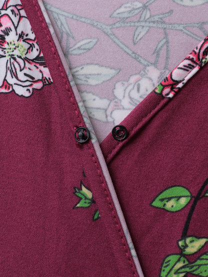 Floral Pleated Waist Stretchy Knit Top