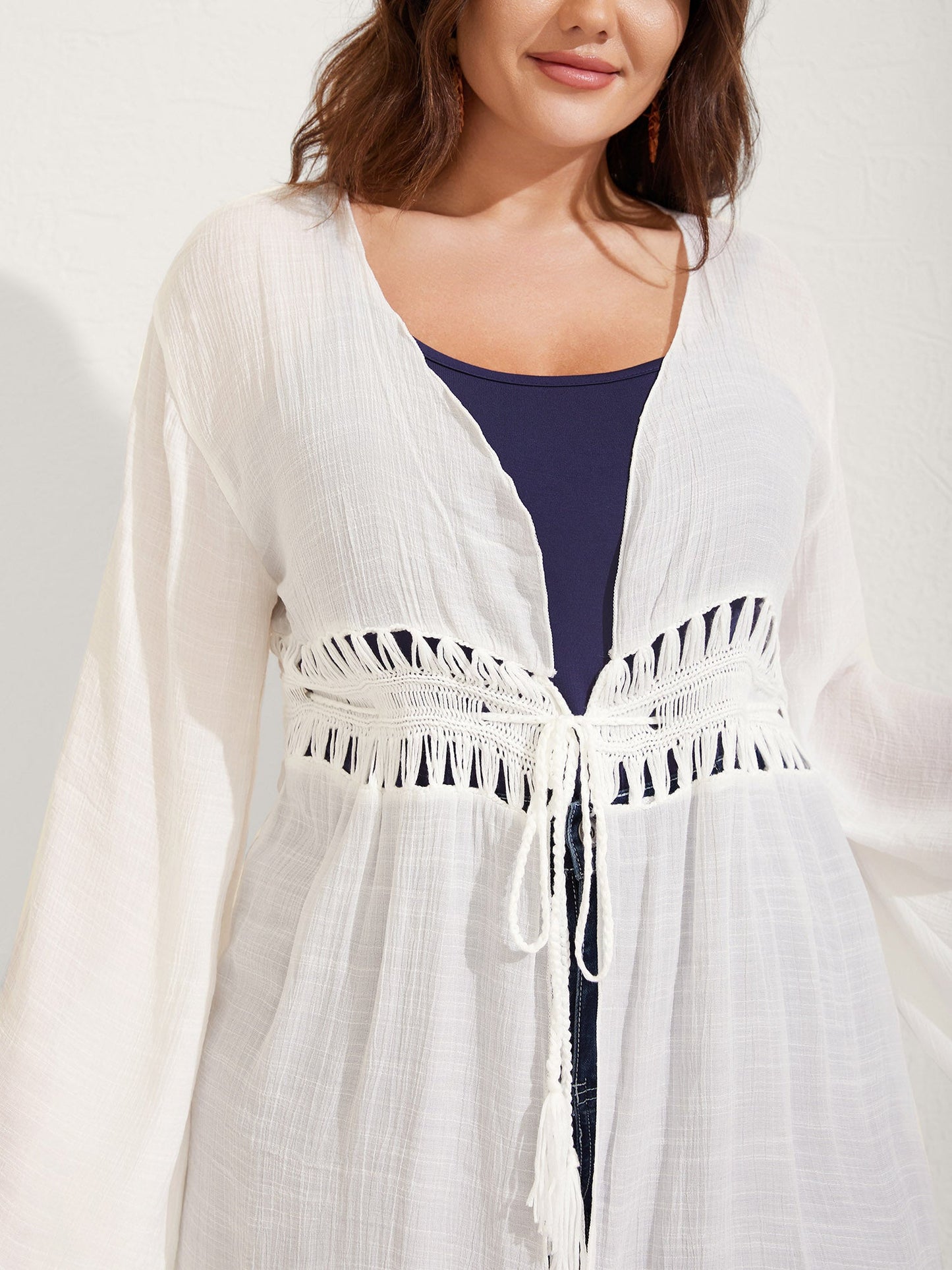 Crochet Lace-Up Tassel Tie Swim Cover-Up