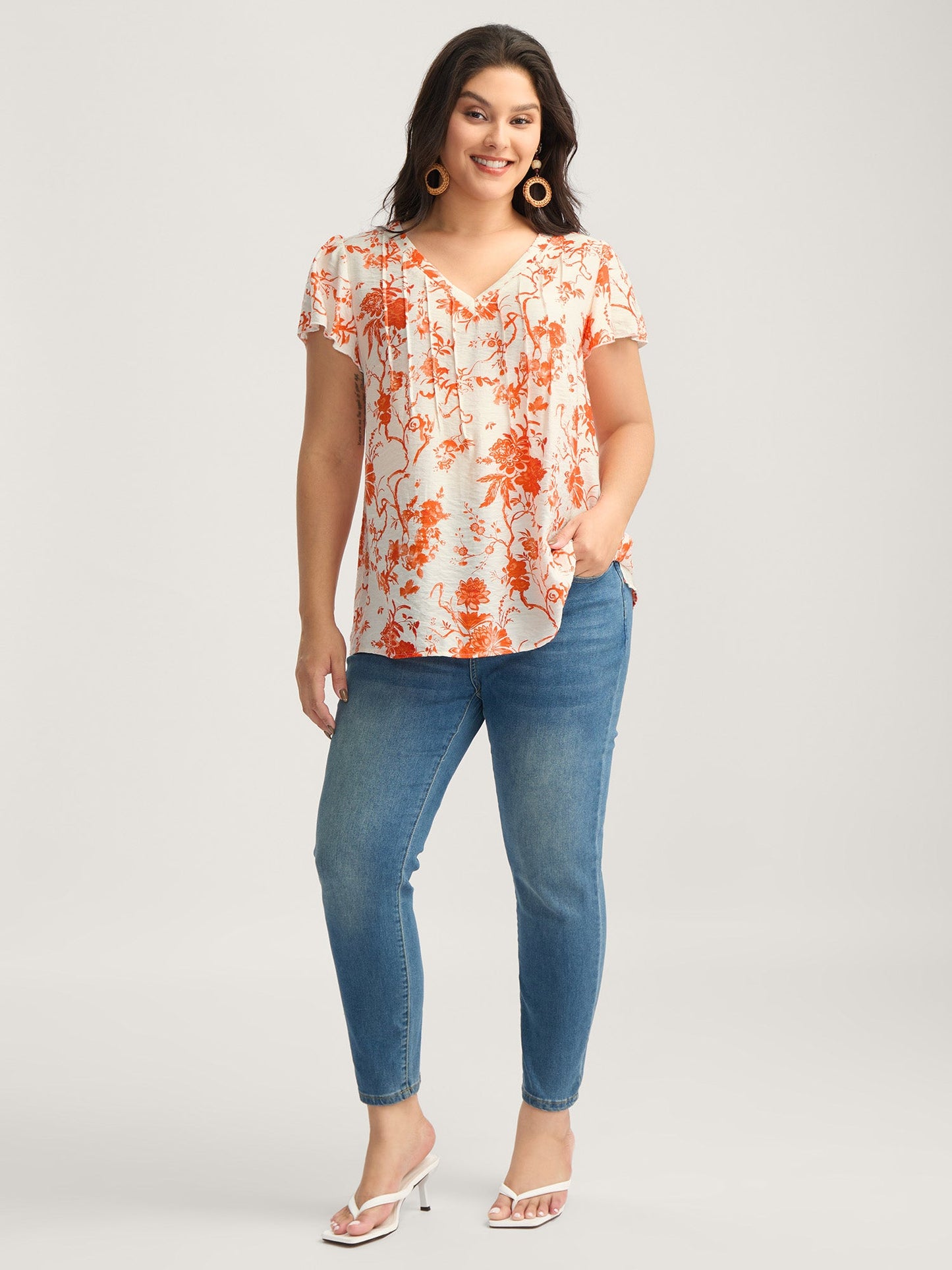 Floral Print Pleated Front Blouse