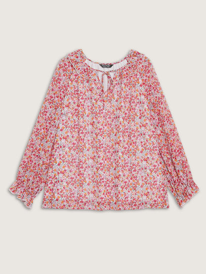 Sweet Floral Print Ruffled Neck Blouse