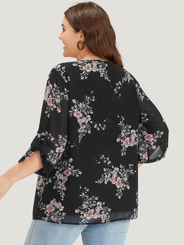 Floral Print Knot Neck Mesh Tab Sleeve Blouse