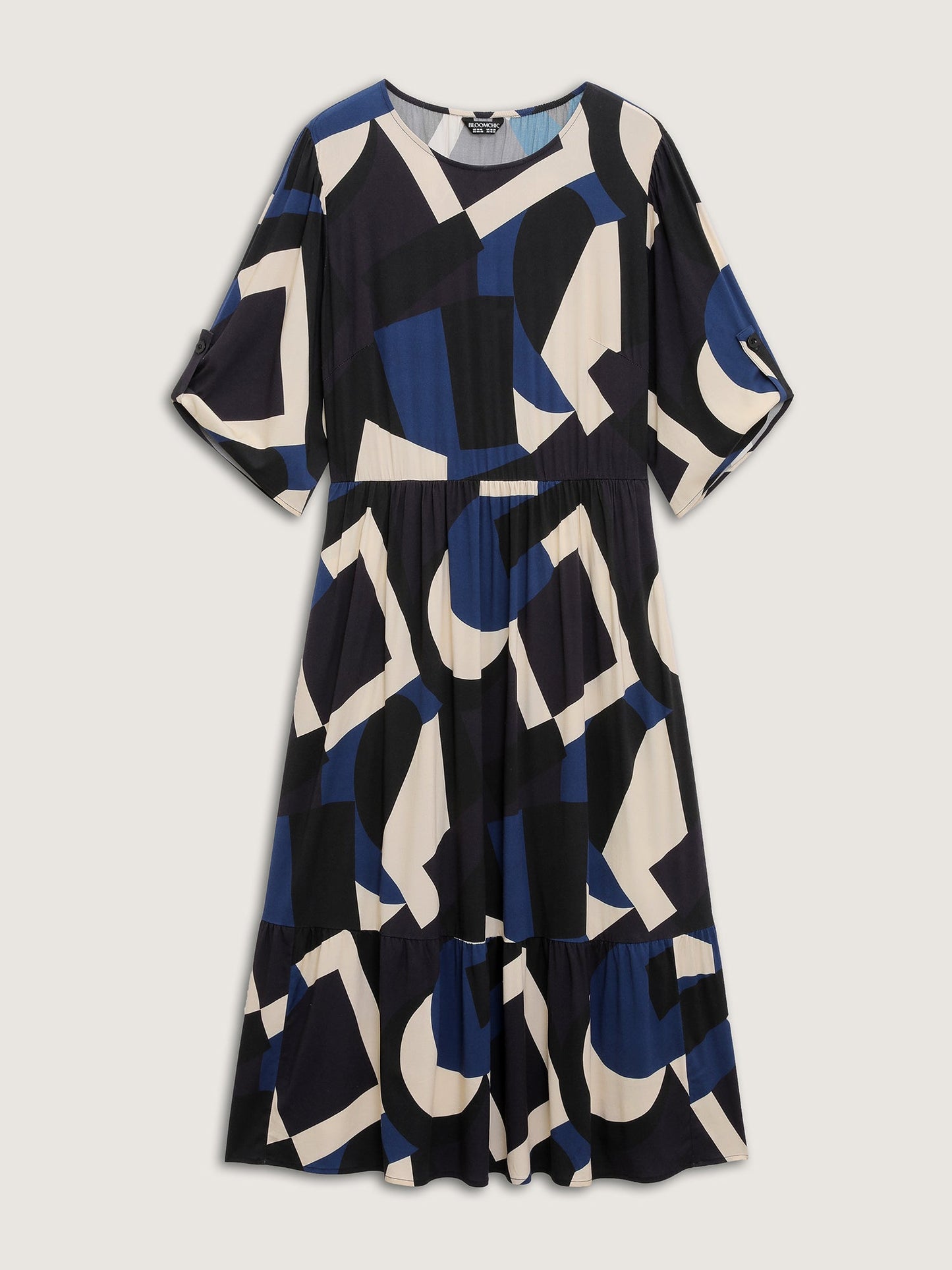 Geometric Print Stretchy Waist Cuffed Midi Dress