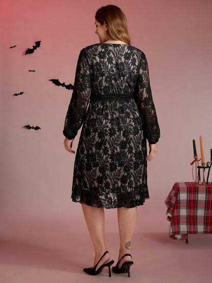 Floral Lace Lined Wrap Belted Midi Dress