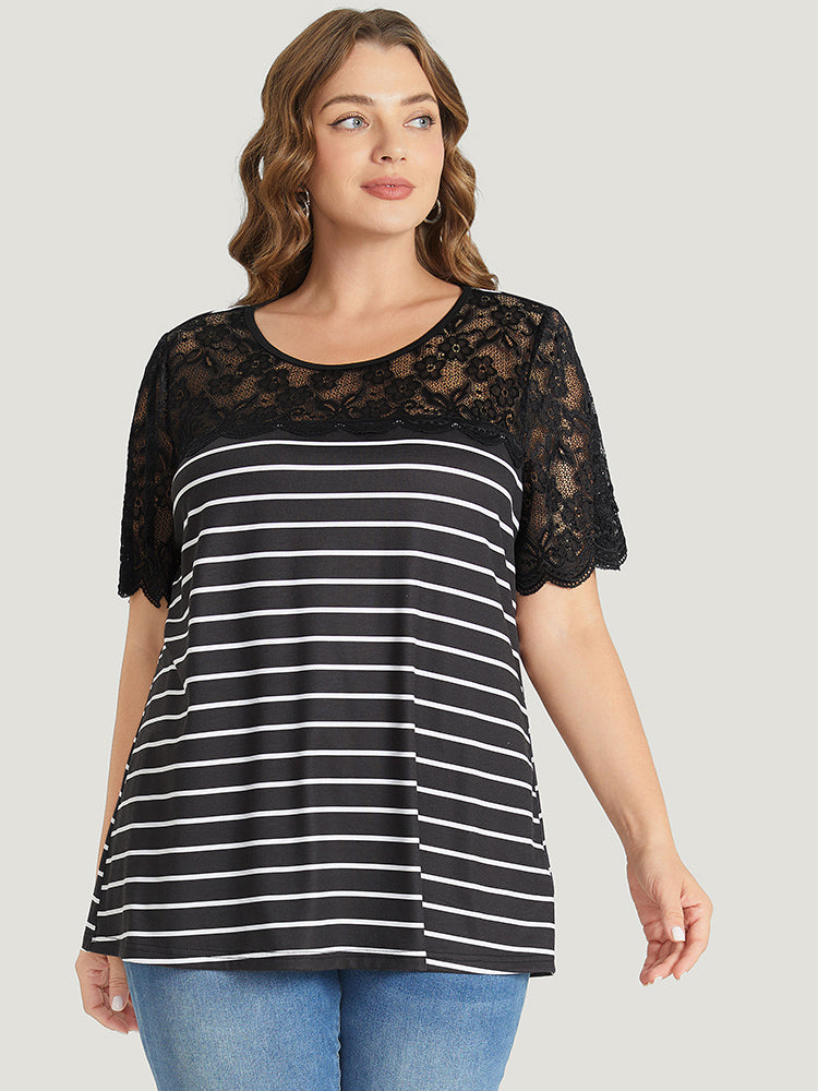 Striped Patchwork Lace Scalloped Trim T-shirt