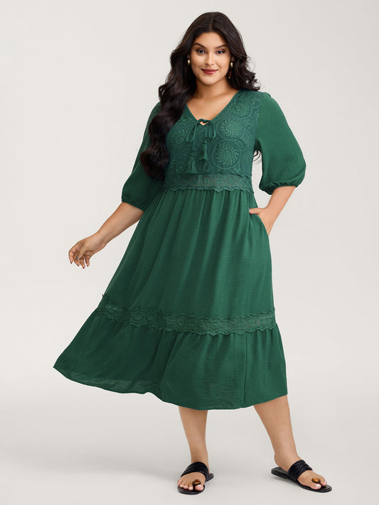 Embroidered Lace Trim Neck Drawstring Maxi Dress