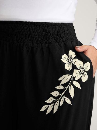 Floral Print Shirred Waist Wide-Leg Pants