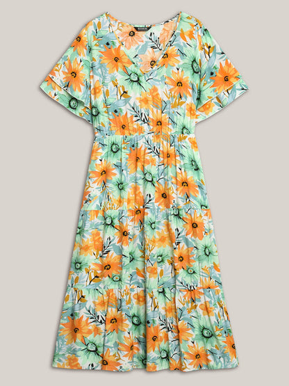 Floral Print Rayon Pockets Tiered Midi Dress