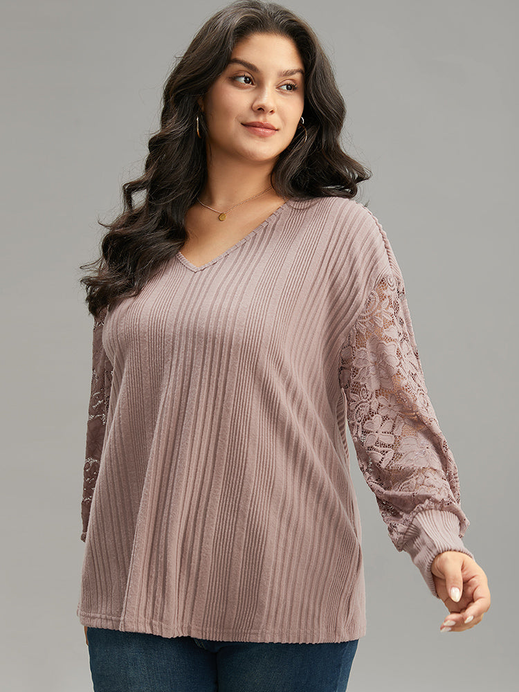 Lace Panel V Neck Lantern Sleeve Sweatshirt