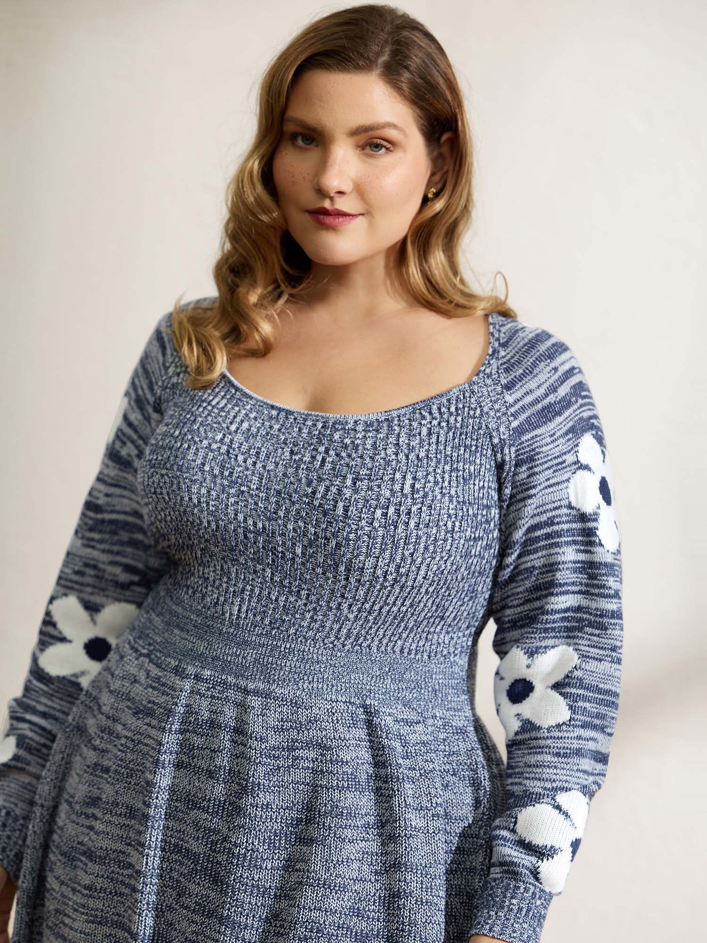 Floral Jacquard Print Mixed Yarn Knit Midi Dress