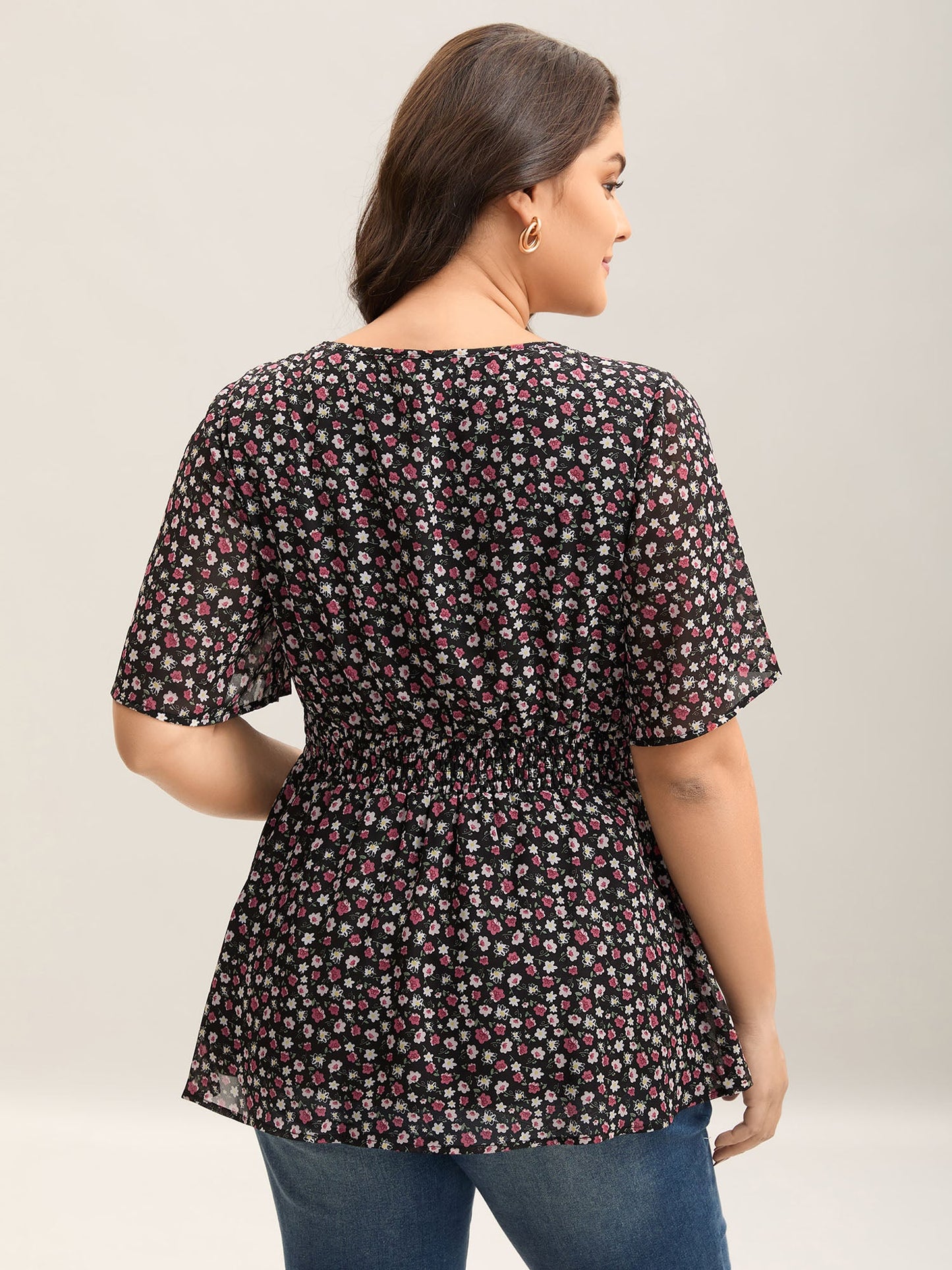 Floral Print Shirred Waist Cinched Shirt