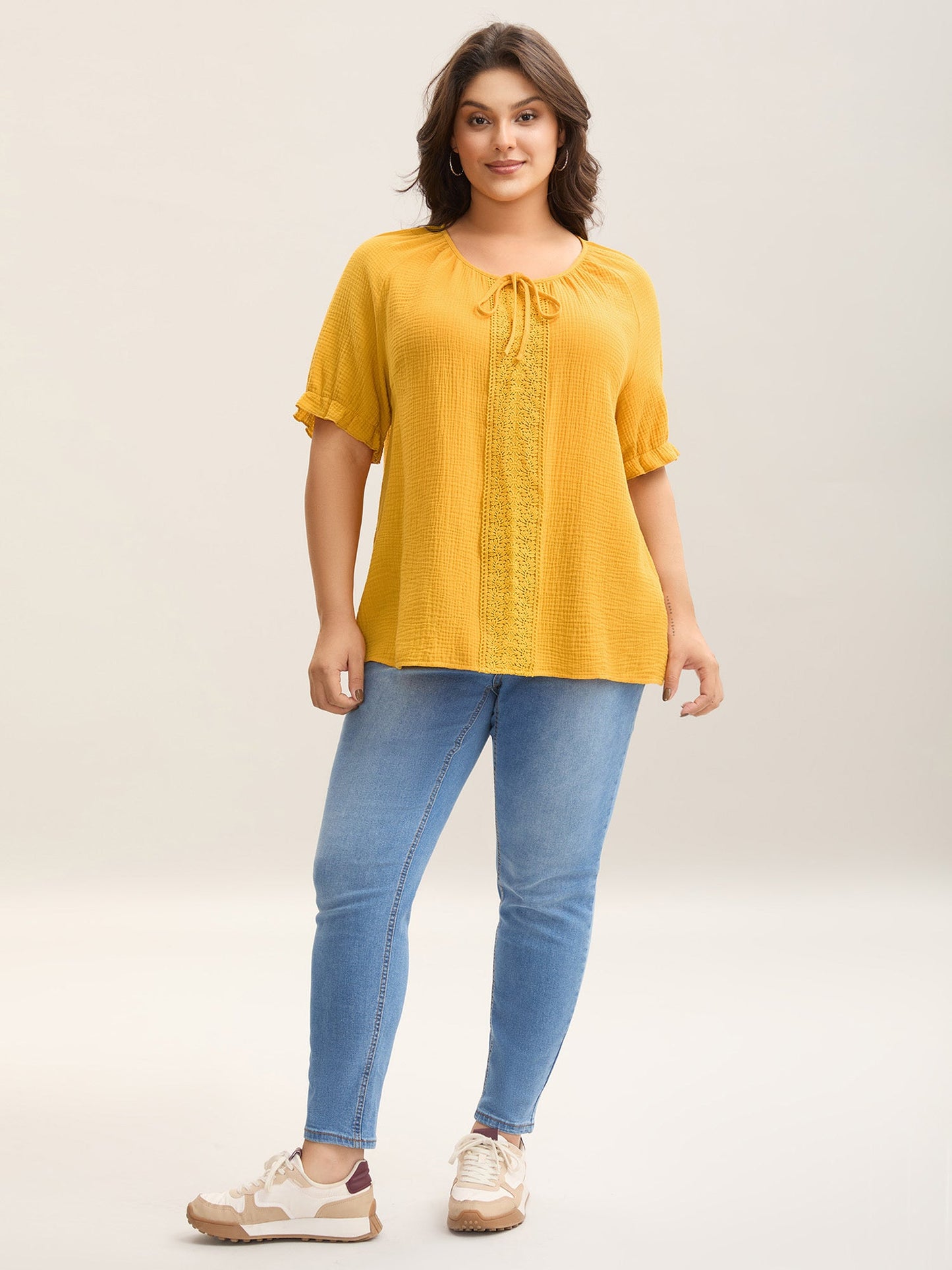 Pure Cotton Lace Placket Tied Blouse