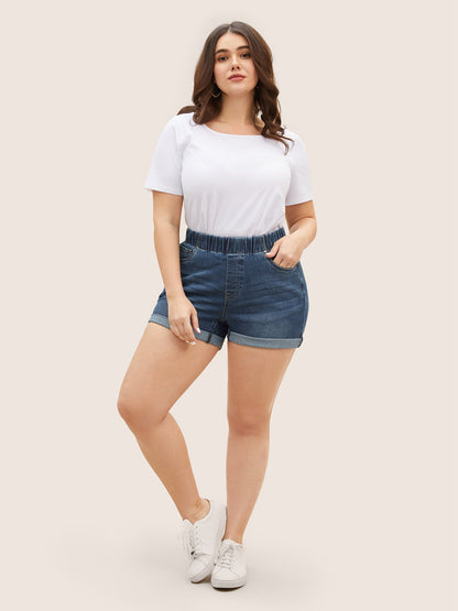 Dark Wash Elastic Waist Roll Hem Denim Shorts