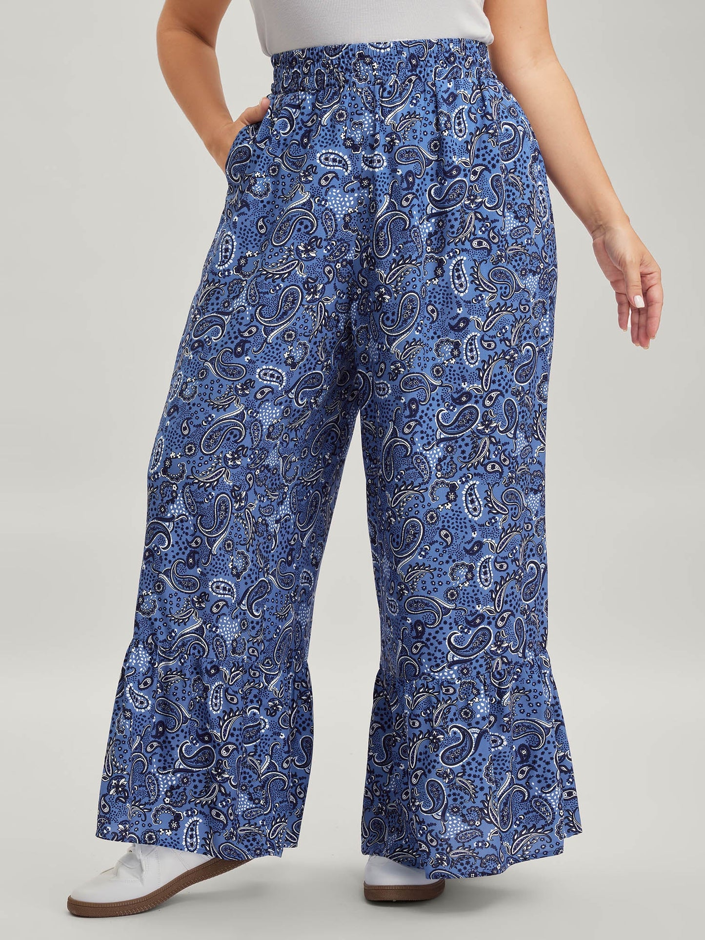 Paisley Print Tiered Hem Wide-Leg Pants