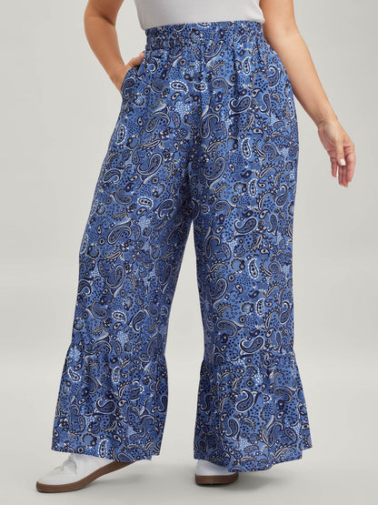Paisley Print Tiered Hem Wide-Leg Pants