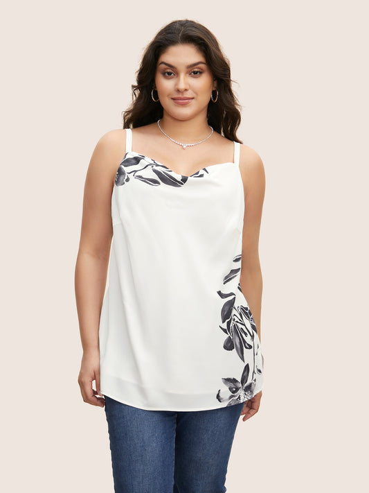 Cowl Neck Lily Print Split Hem Cami Top