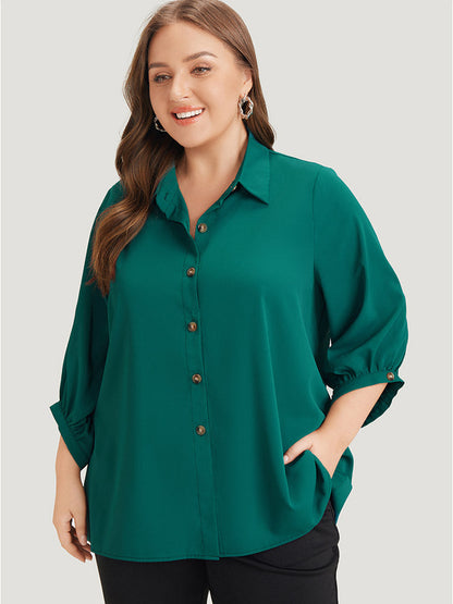 Anti-Wrinkle Solid Shirt Collar Lantern Sleeve Button Up Blouse